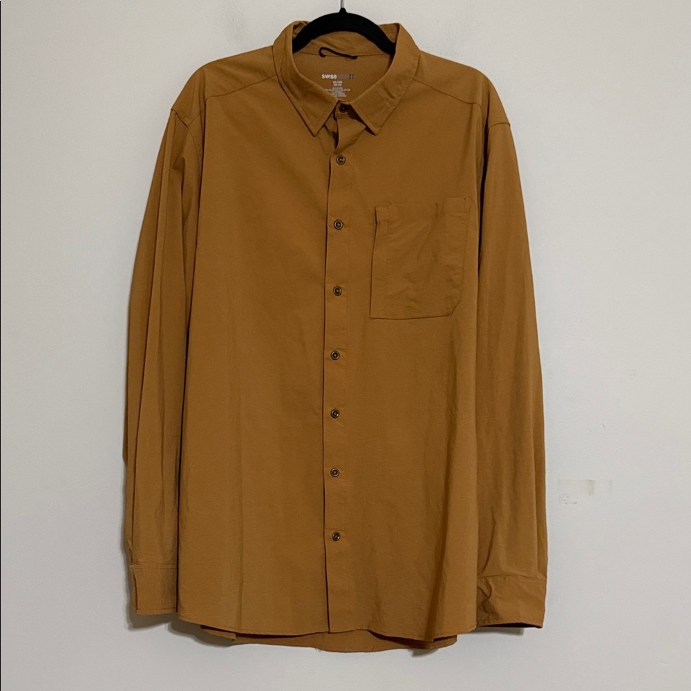 Swiss Tech Men brown Button Down performance Shirt 2XL/ 2XG stretch pockets camp